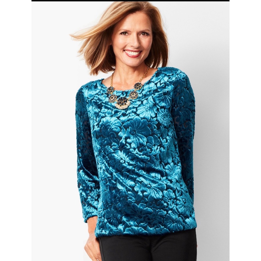 RSVP by Talbots Teal Blue Floral Burnout Velvet 3/4‎ Sleeve Blouse Top Large